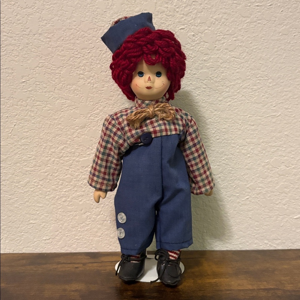9.5” Vintage Raggedy Andy Porcelain Doll w/ Stand - Adorable